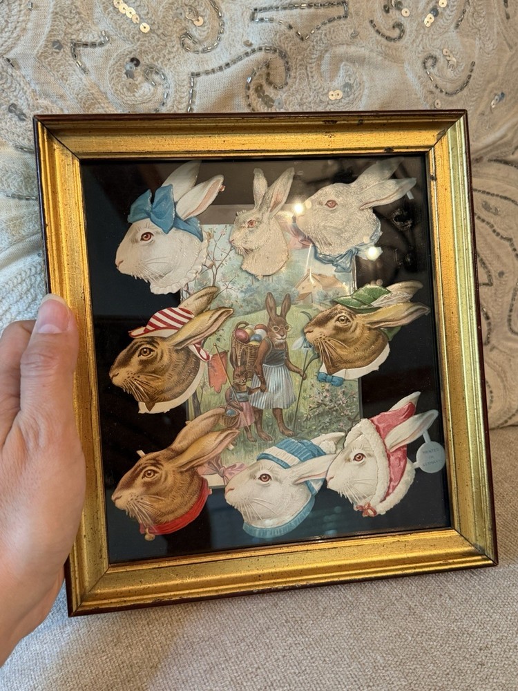 Antique Victorian German Easter Rabbit Die Cut Shadowbox Framed Display
