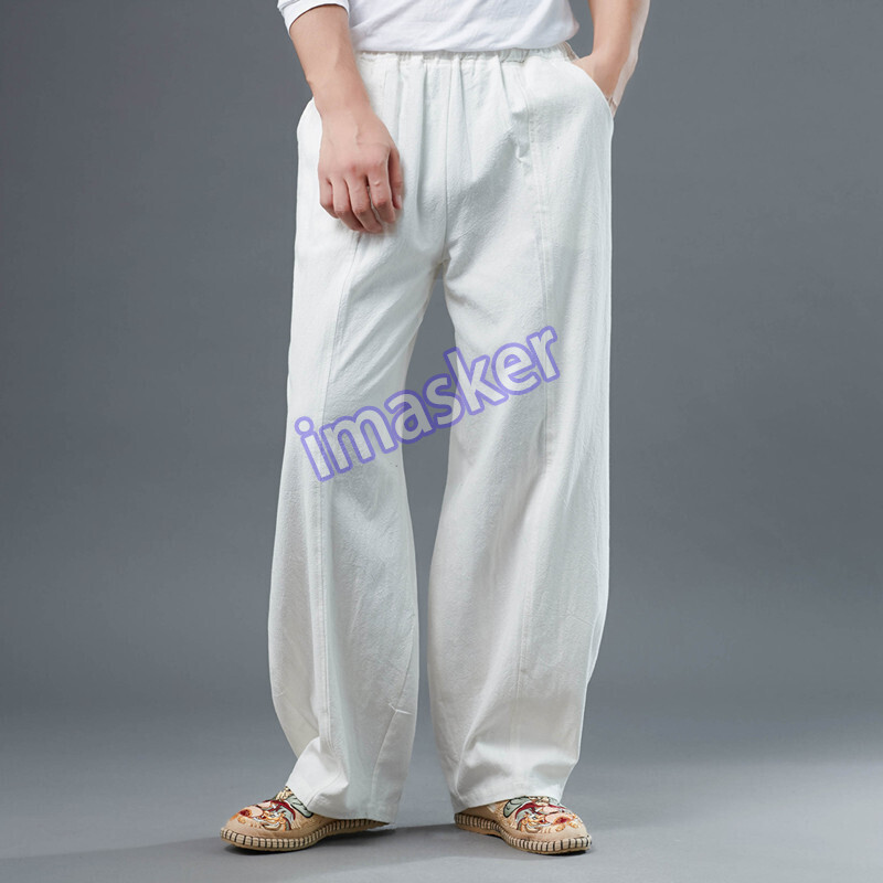 Mens Loose Fit Linen Pants Straight Leg Retro Style Breathable