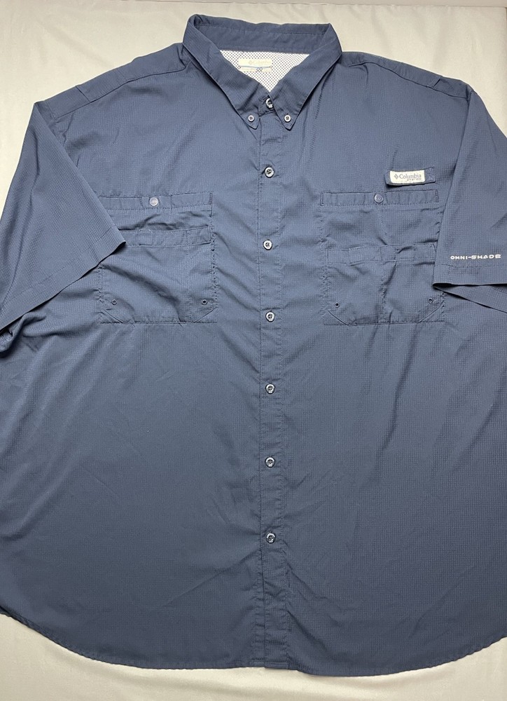 Columbia PFG Omni Shade Mens 4XL Navy Blue Vented Fishing Performance Small Flaw
