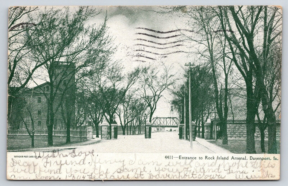 Vintage Old Antique Postcard Rock Island Arsenal Building Davenport Iowa 1908