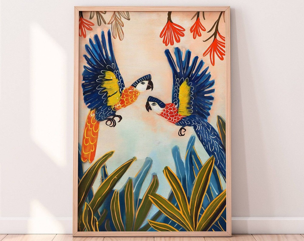Cockatoos Colorful Illustration Tropical Scenery Wall Art Floral Summer Bright