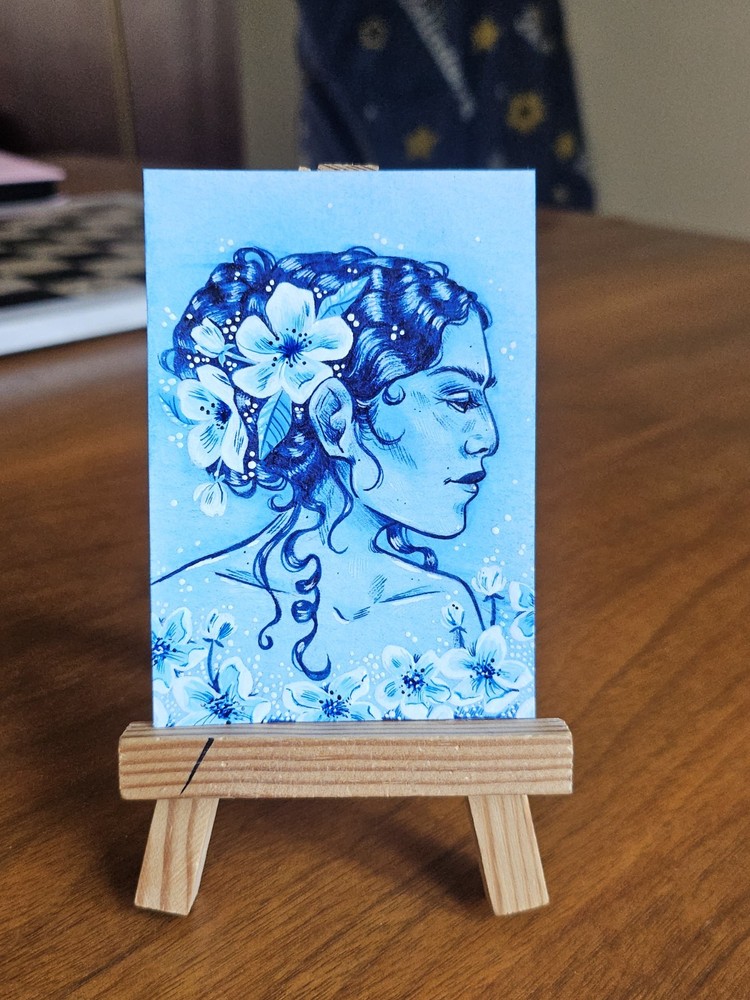 ACEO Original Portrait Drawing Blue Floral Woman Flowers in Hair Art by kateydew