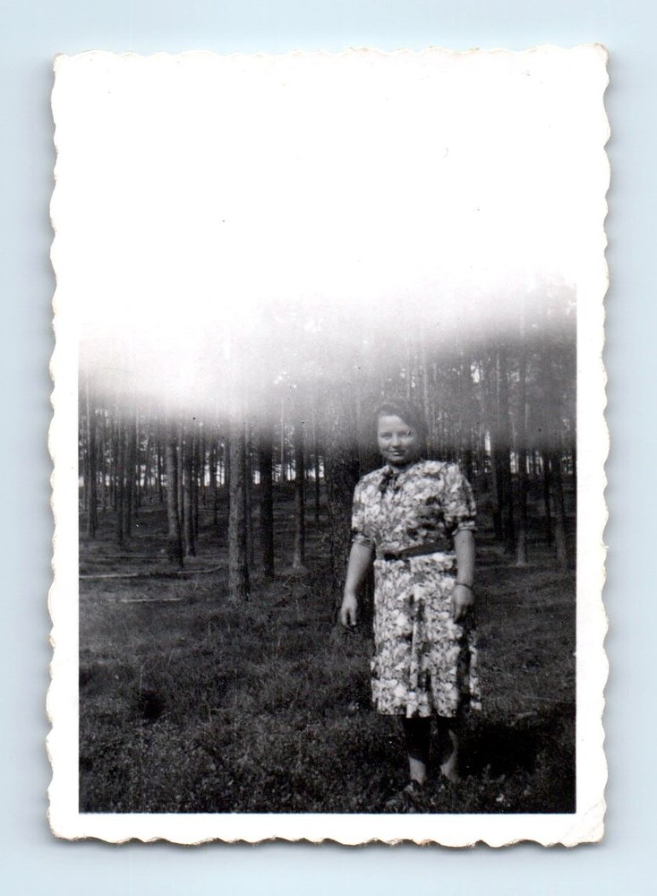 Old Vintage Photo SOLO WOMAN IN FOREST TREES WOODS ABSTRACT GHOST LIGHT-image