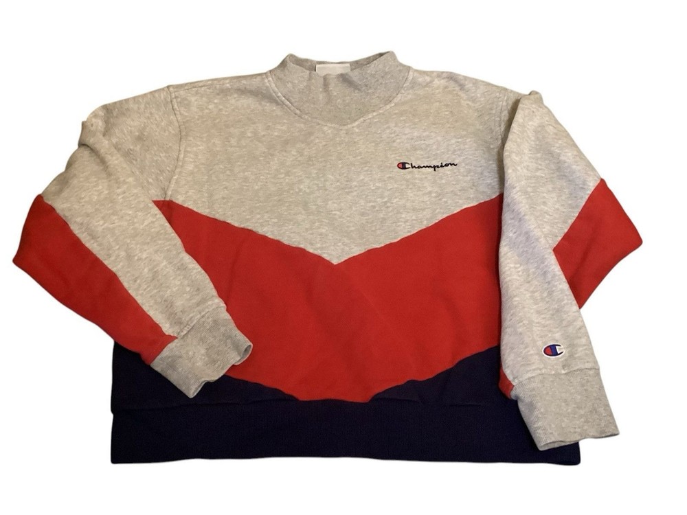 Champion Pullover Mock Neck Women’s XL Gray Red Blue Sweater Sweatshirt