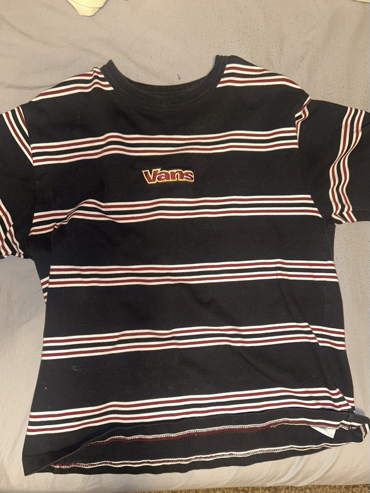 VANS Men's Striped Logo T-Shirt Black/Red/White Loose Fit Crew Neck S