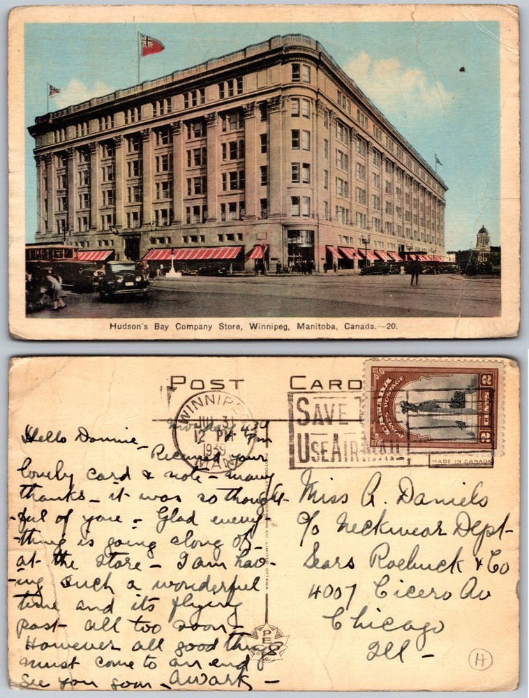 Winnipeg Manitoba Hudsons Bay Company Store Flags Awning Postcard