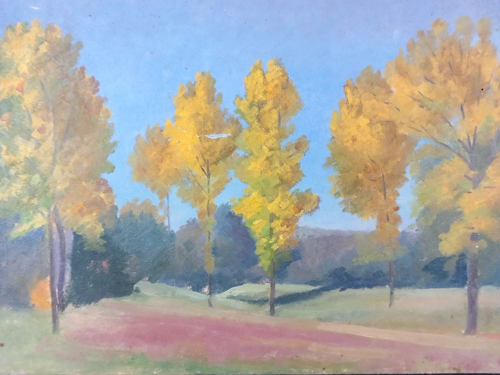 Art Deco Autumn Yellow Trees Landscape Oil Painting on Cardboard XXe ca 1930s