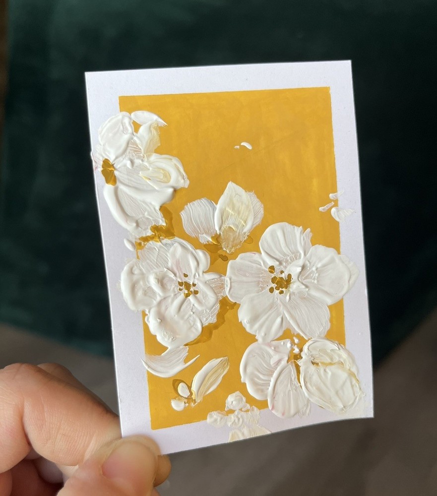 ACEO PRINT Sunny yellow flowers framed heavy body acrylic Painting, 3.5x2.5