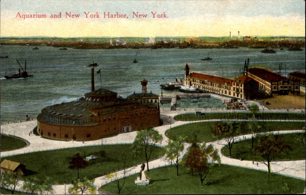 Aquarium and New York City Harbor NY ~ c1910 vintage postcard sku275