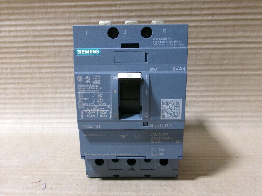 NEW SIEMENS 3VA4 3VA4120-6ED34-0AA0 3 POLE 20 AMP 600V CIRCUIT BREAKER NTO
