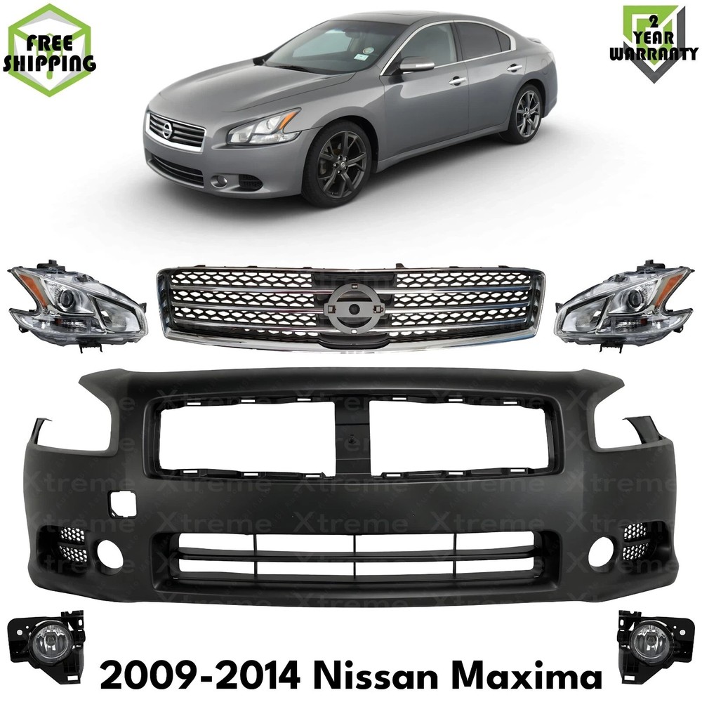 Front Bumper Cover Primed Plastic & Headlights Kit For 2009-2014 Nissan Maxima