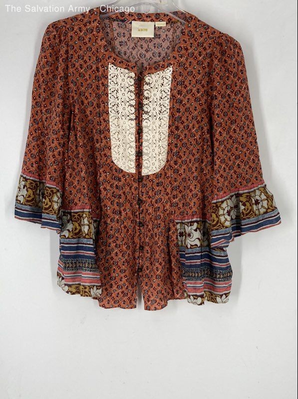 Maeve Womens Orange Floral 3/4 Sleeve Round Neck Casual Blouse Top Size 8