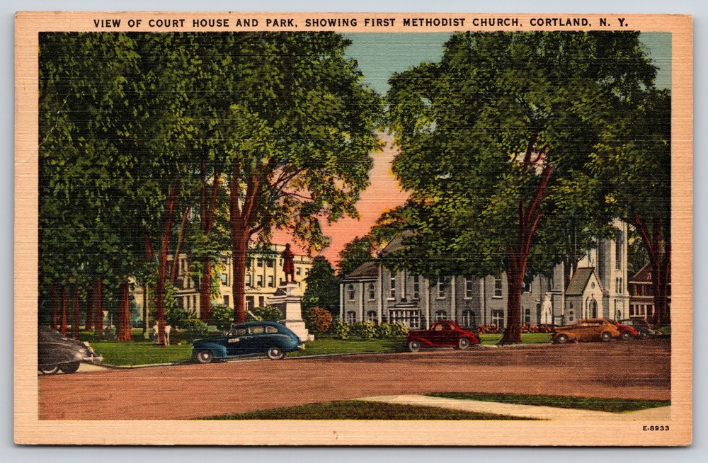 Cortland New York~Courthouse Park & 1st Methodist Church~Vintage Linen Postcard