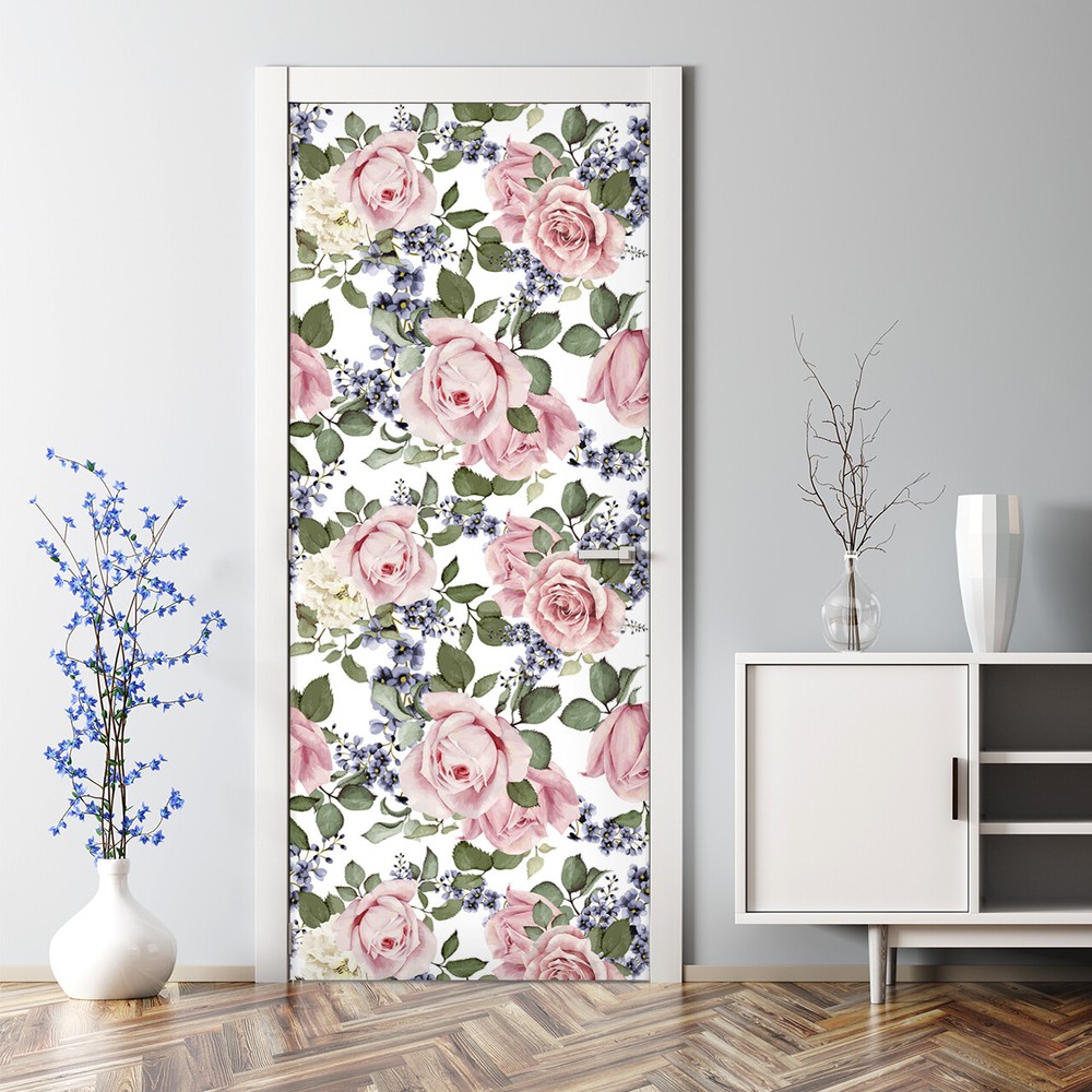 Bubble Free Door sticker Pink Roses Floral Wall Covering Watercolour Home Decor