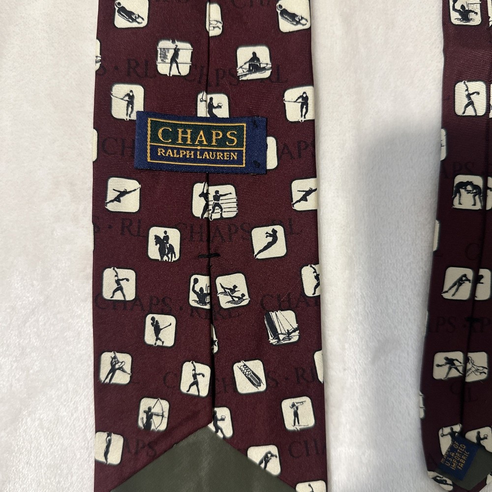 Vintage Chaps Ralph Lauren Silk Tie Burgundy Multi Sport Athletes Novelty USA