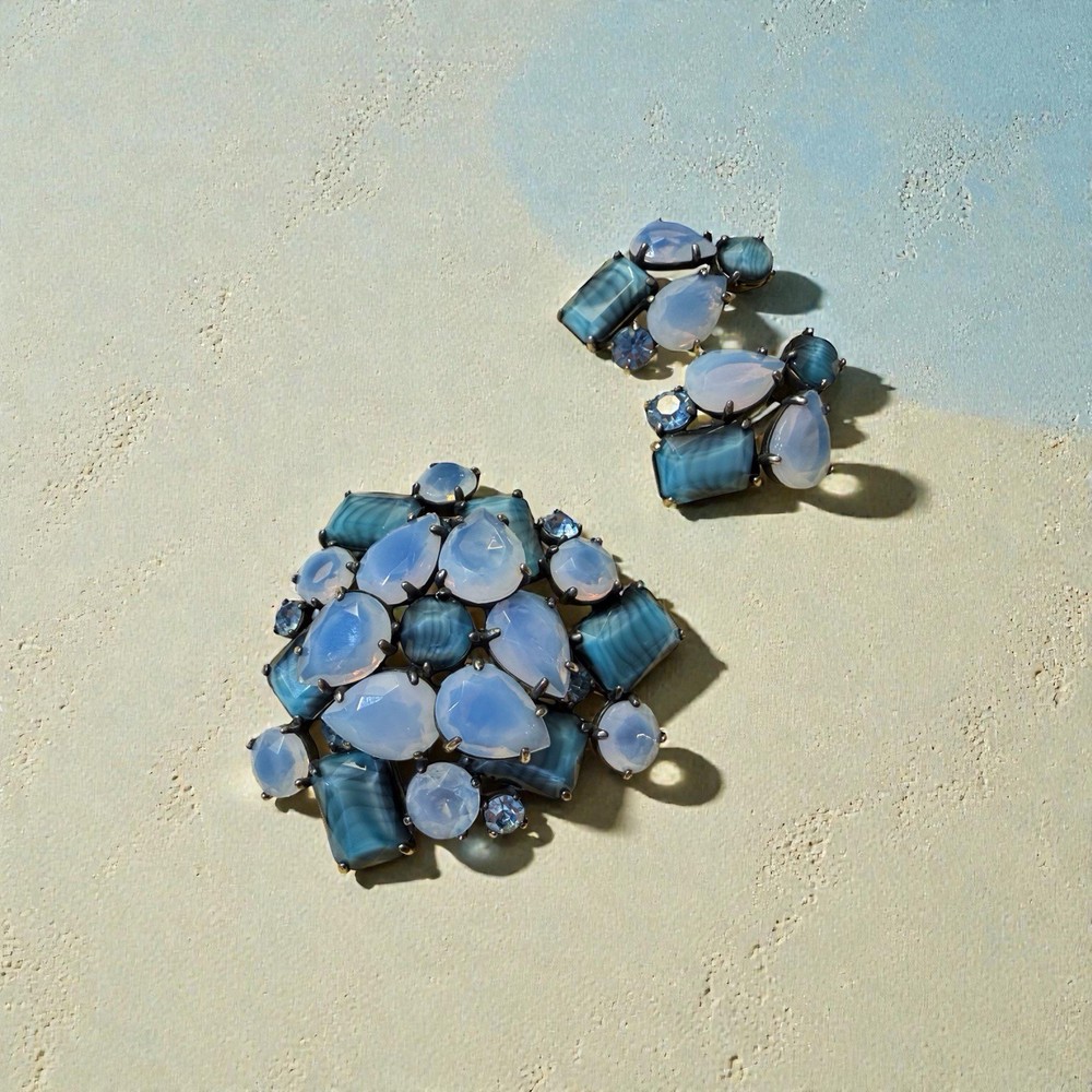 Vintage Schiaparelli Blue Opaline Glass Large Brooch & Earrings Set 1960s