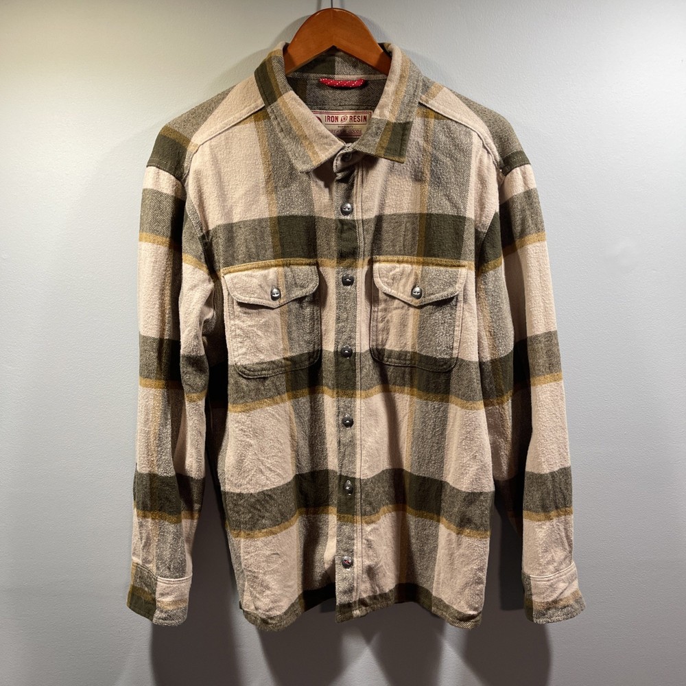 Iron And Resin Shirt Mens Large Tan Long Sleeve Button Up Plaid Work Flannel