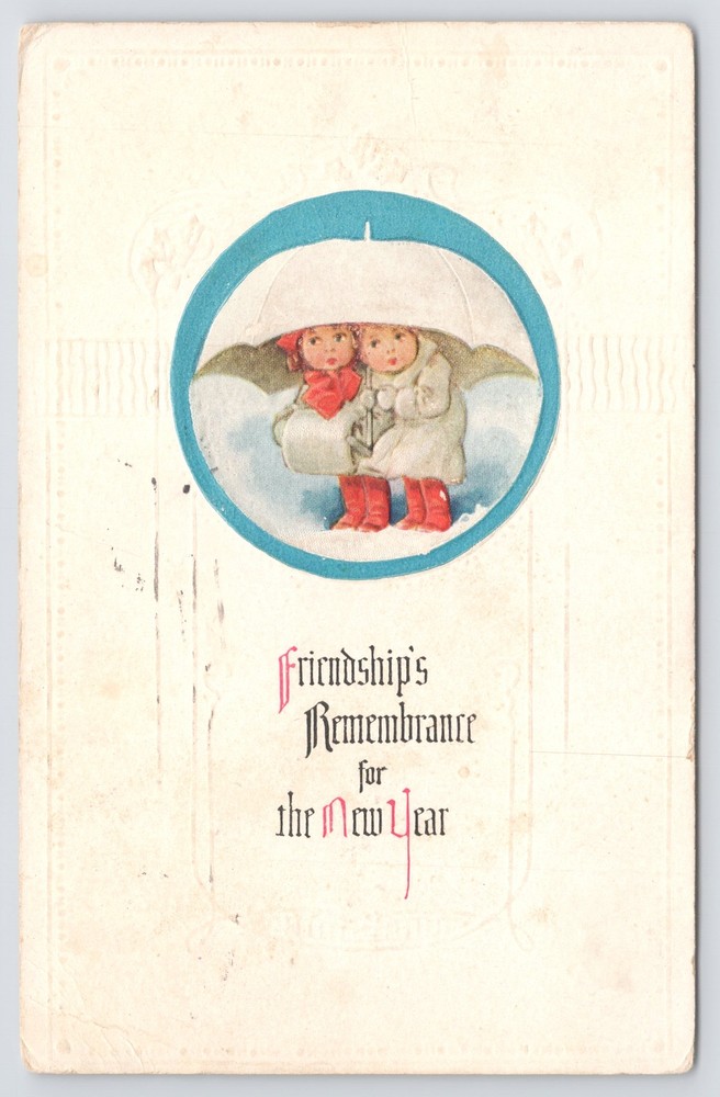 Holiday~2 Girls Under Umbrella Friendship Remembrance New Year~Vintage Postcard