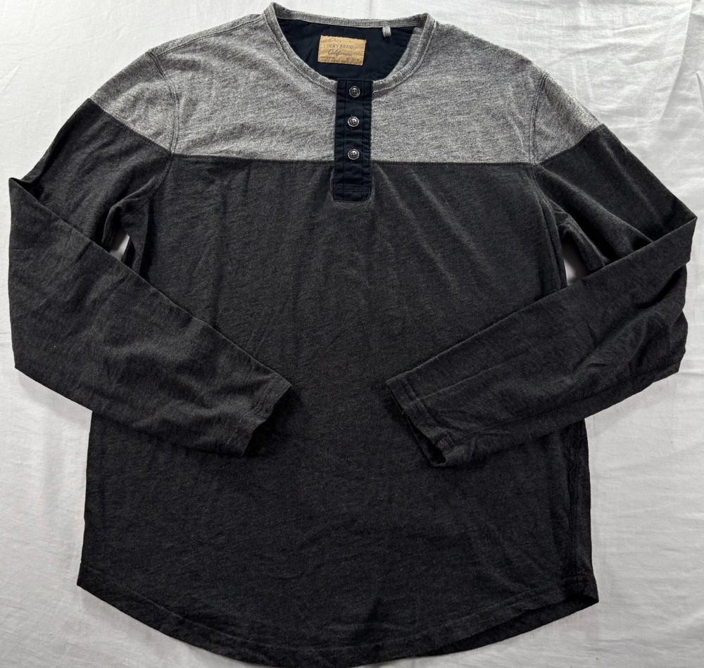 Lucky Brand Henley Long Sleeve Shirt Mens Size Medium Casual Gray 2 Tone
