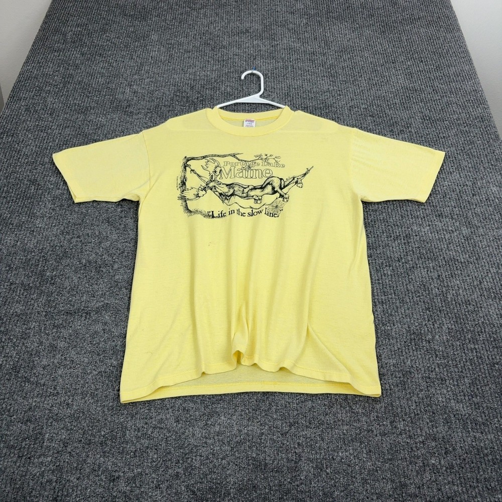 Vintage Portage Lake Maine Graphic Jerzees T Shirt Mens L Yellow Cotton Blend