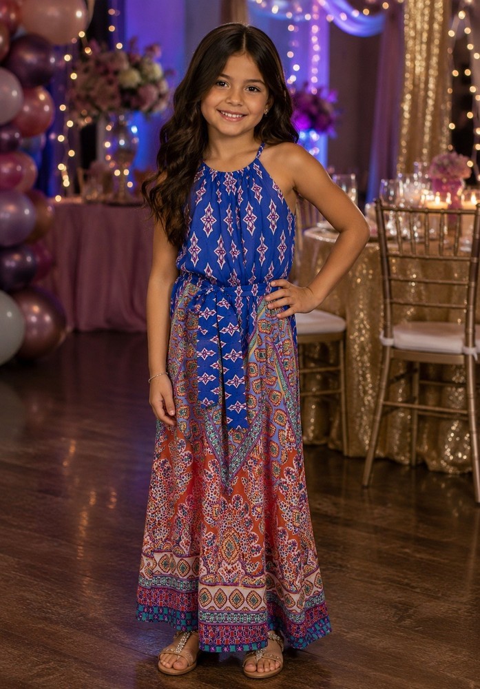 by & by Girl’s Sz 8 Blue Orange Boho Tribal Print Halter Maxi Dress Summer Party