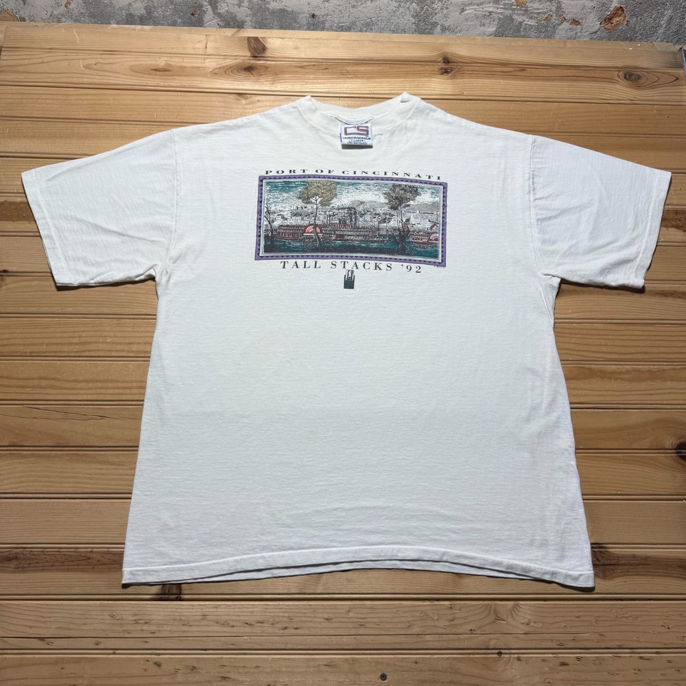 Vintage 1992 Port of Cincinnati Ohio Tall Stacks Steamboat Graphic T-Shirt - XL