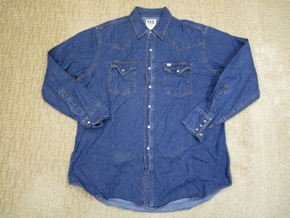 Ely Cattleman Shirt Men Large Blue Denim Pearl Snap Long Sleeve Dark Wash Cowboy
