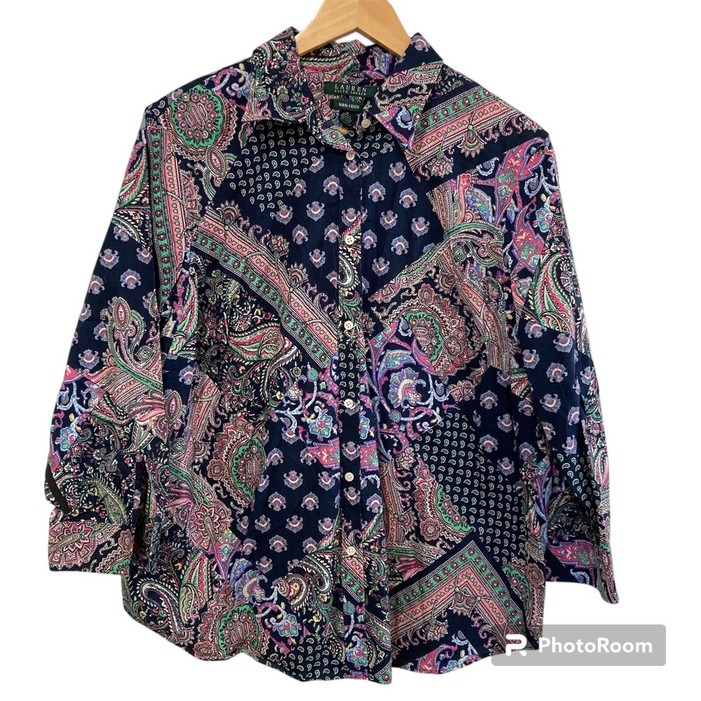 Lauren Ralph Lauren Paisley Print Button Up Shirt 3/4 Sleeve Blouse Size 1X