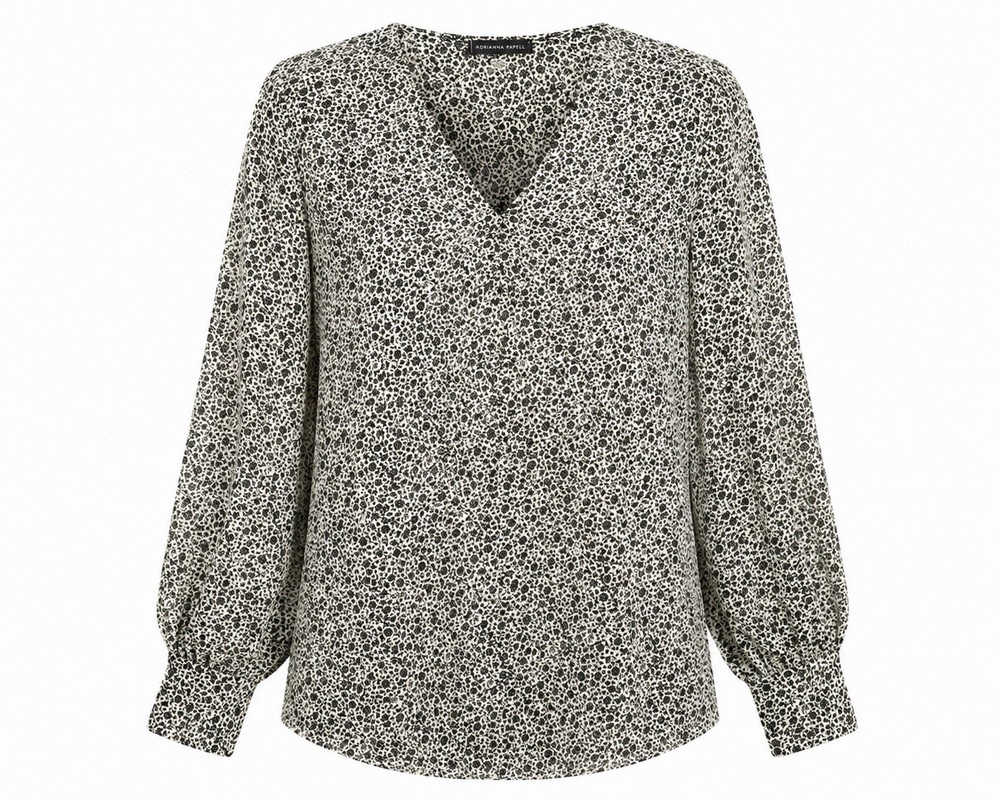 Adrianna Papell Black White Floral Long Sleeve Print V-Neck Blouse Top Size XL