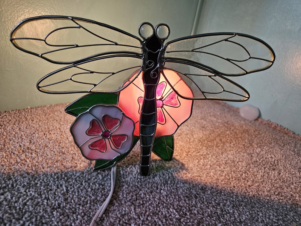 Vintage Tiffany Style Dragon Fly Accent Lamp Light Stained Glass Tiffany Style