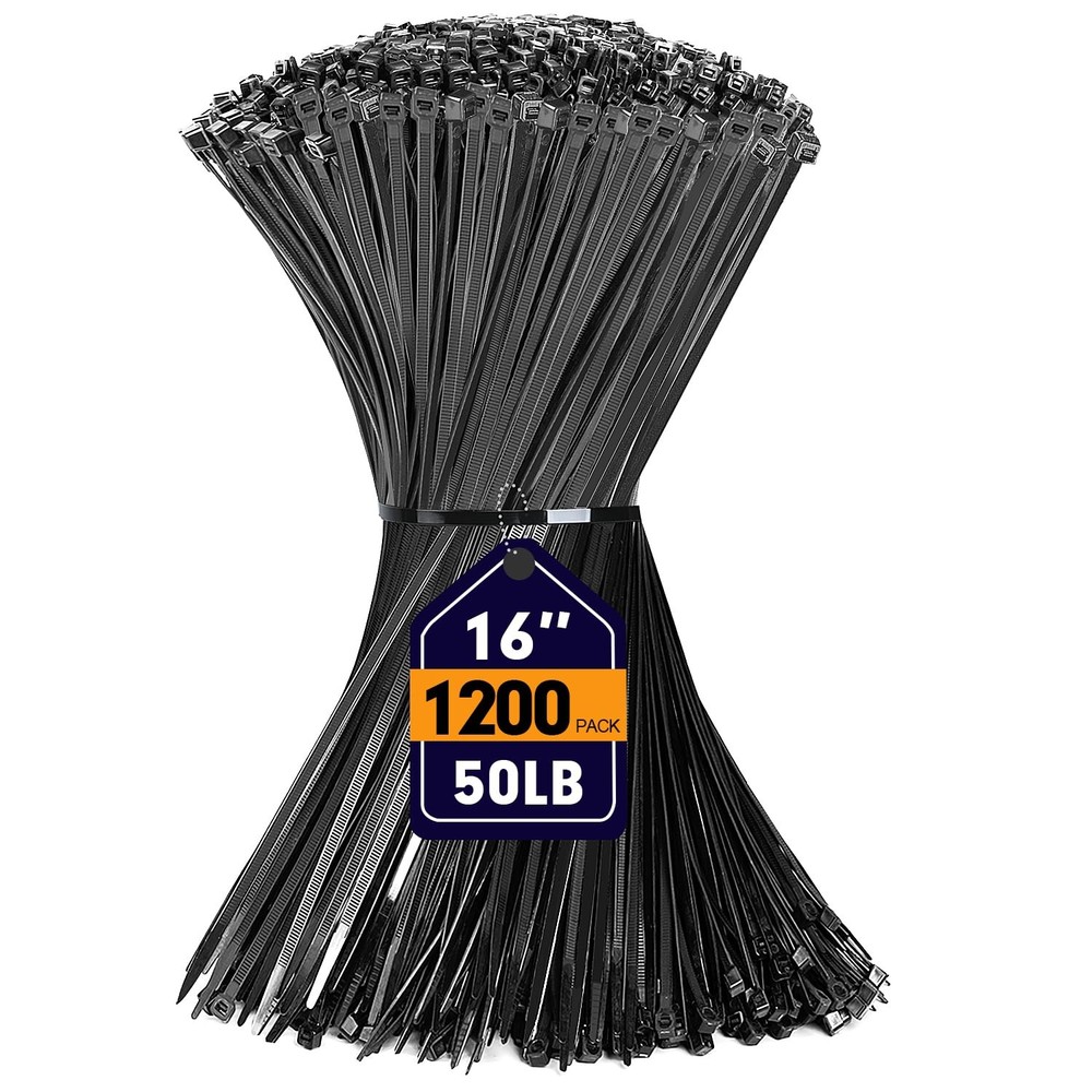 Heavy Duty 16-Inch Black Cable Zip Ties 1200pcs Plastic Wire Ties