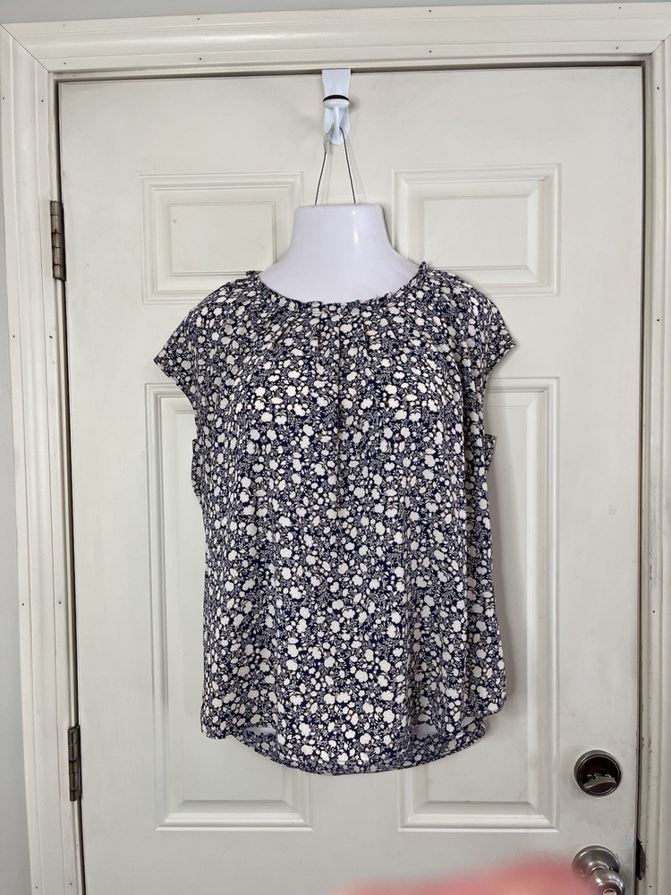Lauren Conrad Blouse Blue Beige Floral Women's XL Cap Sleeve Tie Back Summer Top