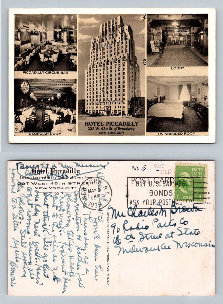 New York, NY-New York, Hotel Piccadilly 45th St Broadway Vintage c1939 Postcard