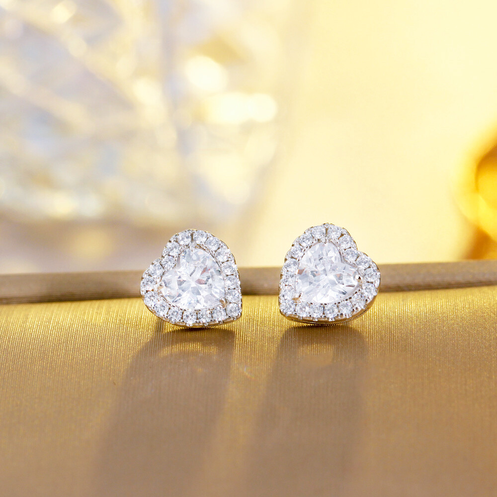 Silver Plated Cubic Zirconia Heart Shape Stud Earrings for Women Wedding Jewelry