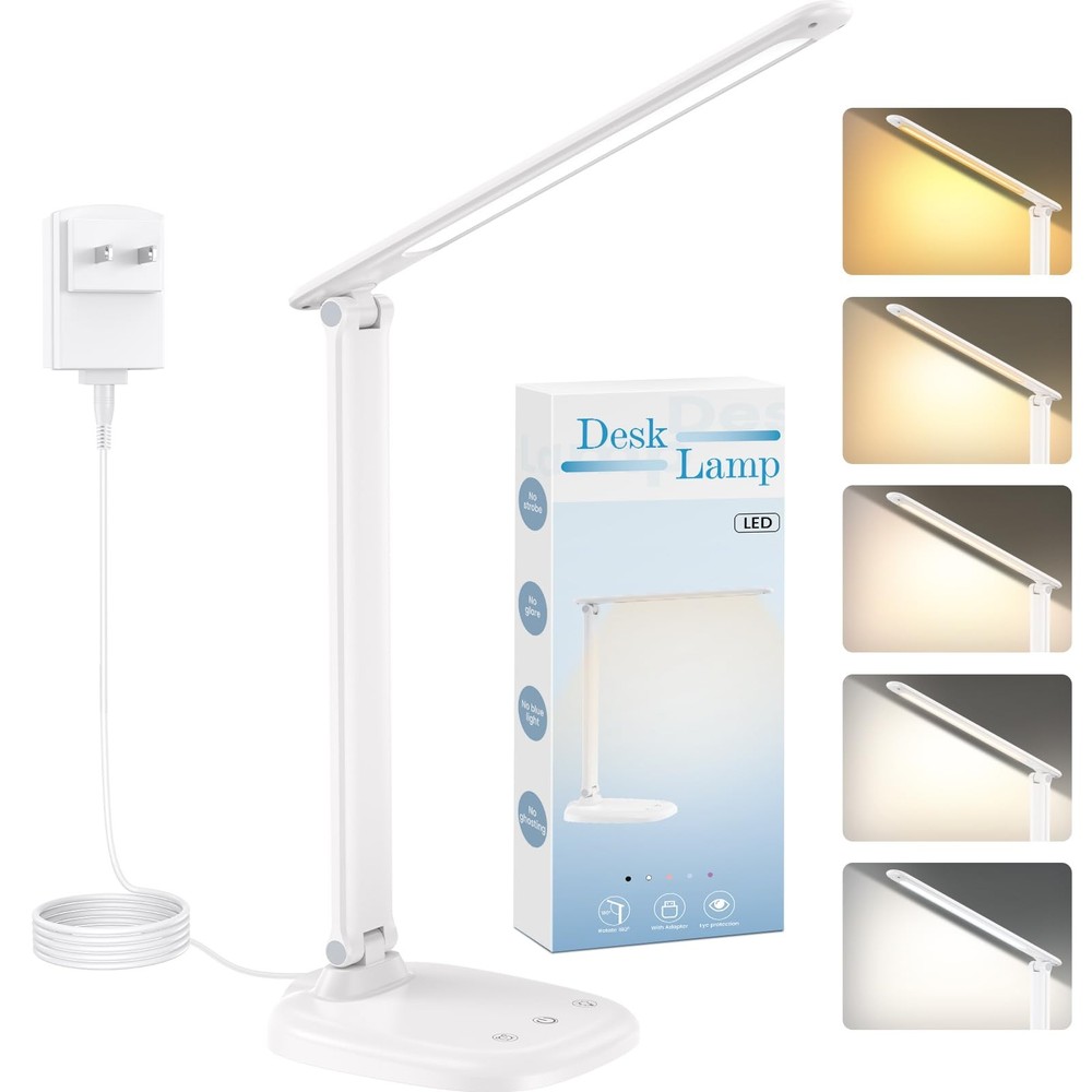 Desk Lamp with Charger, 10%-100% Stepless Dimmable & 5 Color Modes Study Lamp...