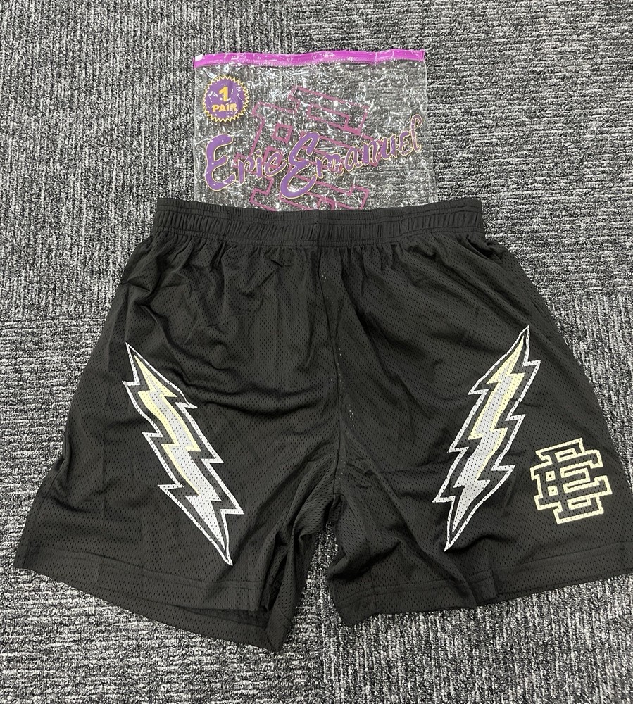 Eric Emanuel Men's Black Mesh Athletic Shorts L Lightning Bolt