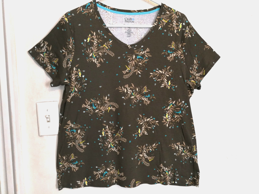 Croft & Barrow Womens Blouse XXL Floral Birds Green Classic Tee Top Short Sleeve