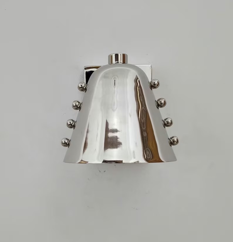 Mid-Century Brass Wall Sconce Bold Cone Design with Chrome Shade and Rivet scone