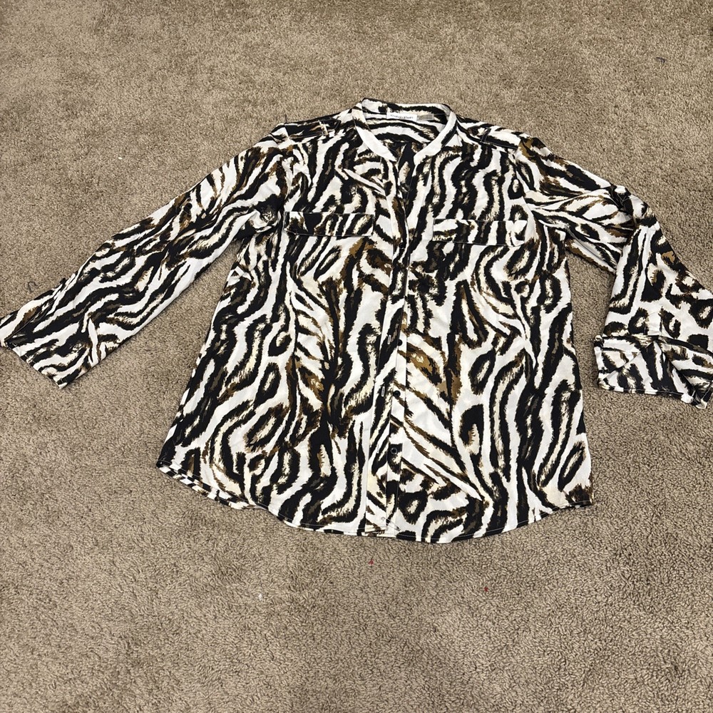 Calvin Klein Women’s Top Blouse Animal Print Black White Beige Long Sleeve Med