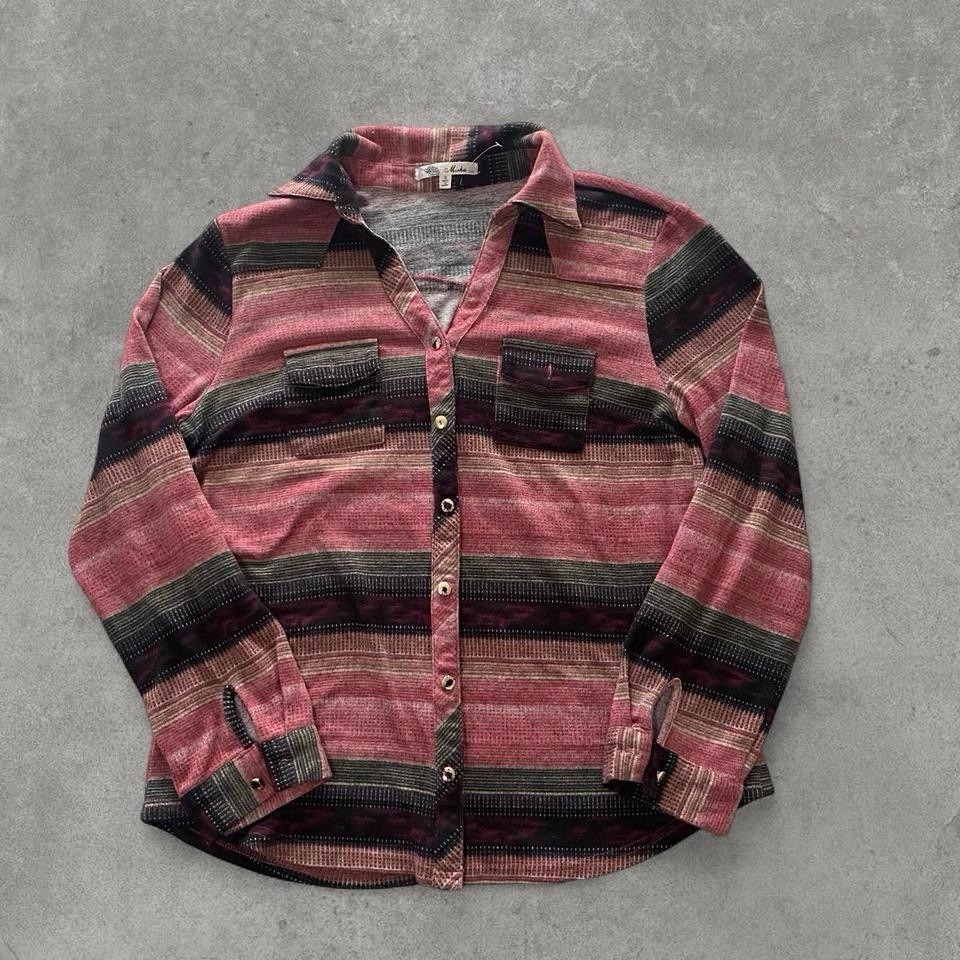 Mishas USA Brand pink and navy multi-colored button-down small flannel shirt