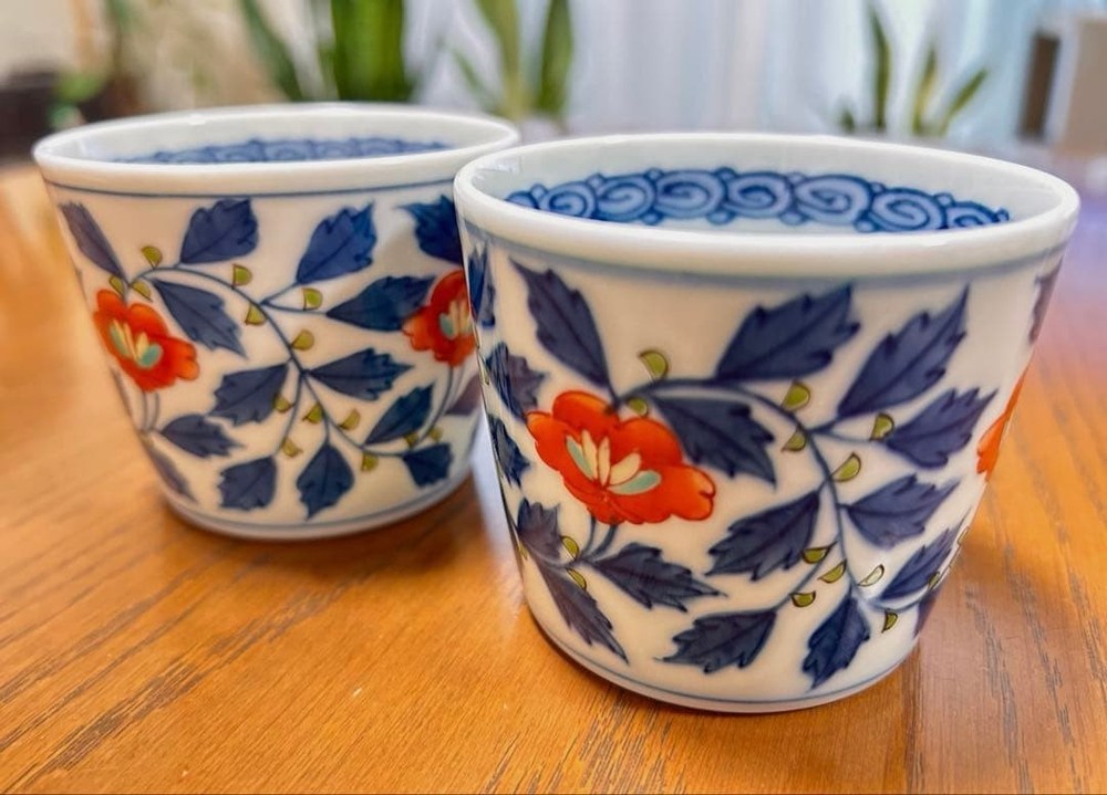 Rosan Kiln Imari Ware Soba Sake Choko Set 2 Porcelain Cups Japan