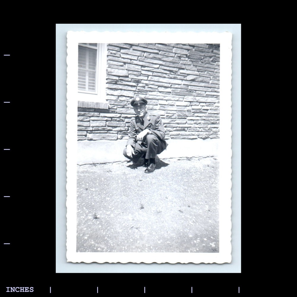 Old Vintage Photo ARMY MAN SOLDIER KNEELING OUTSIDE HOUSE
