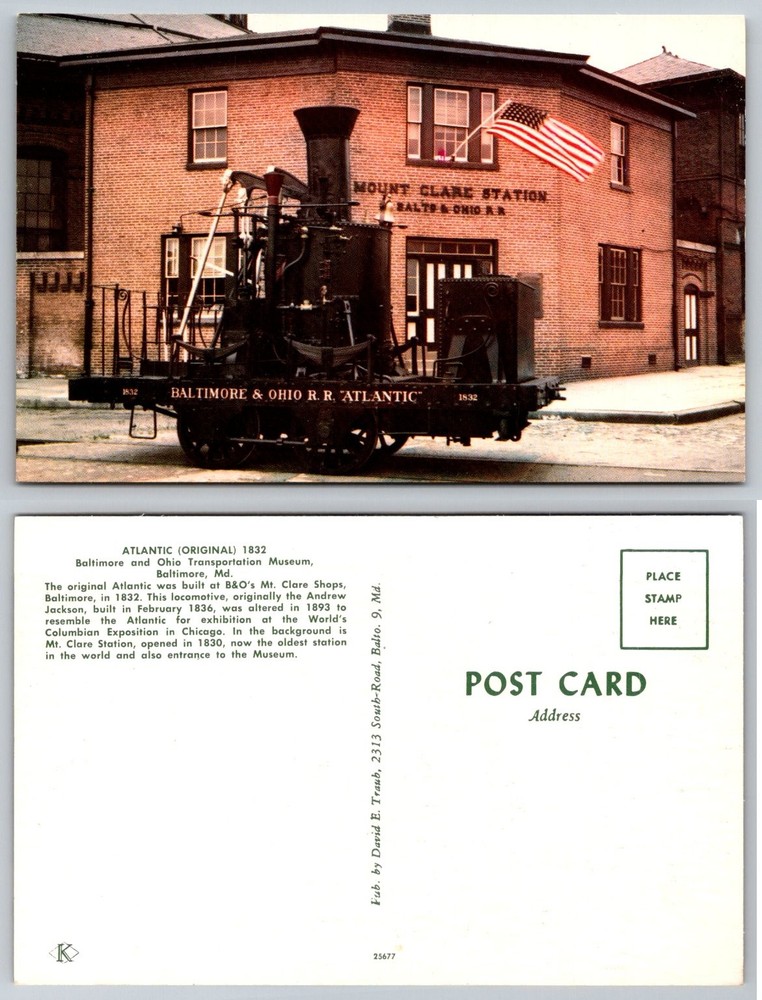 B&O R.R. Atlantic 1832 Locomotive Mt. Clare Station Baltimore MD Postcard