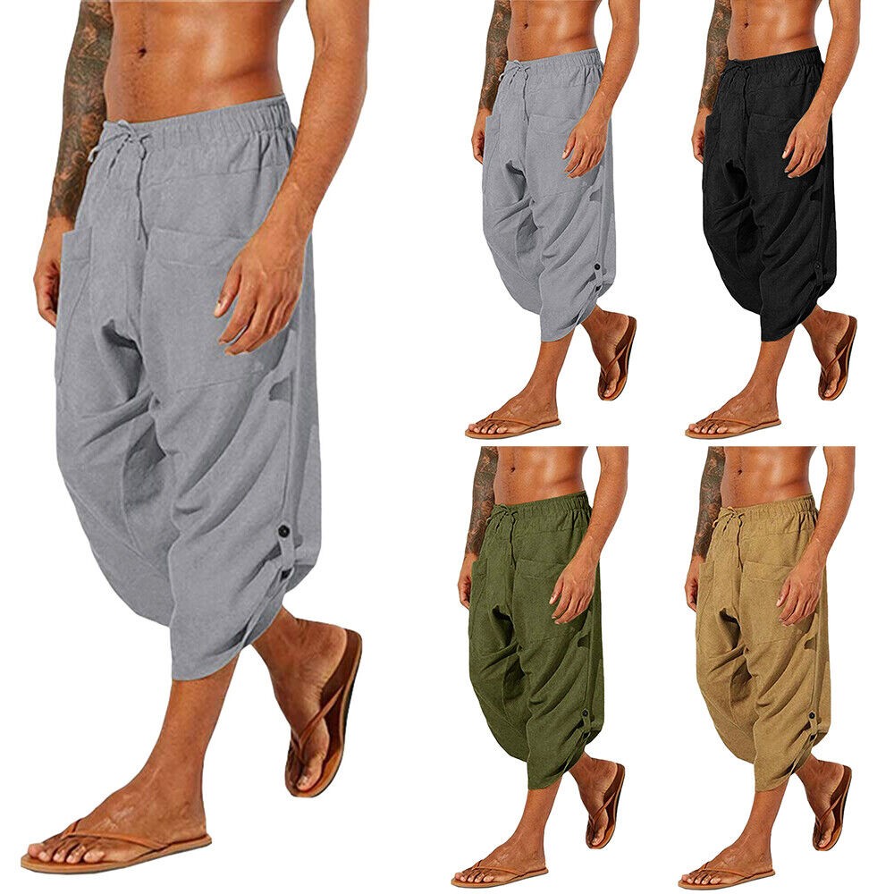Men's Cotton Linen 3/4 Harem Pants Casual Loose Hippie Beach Trousers