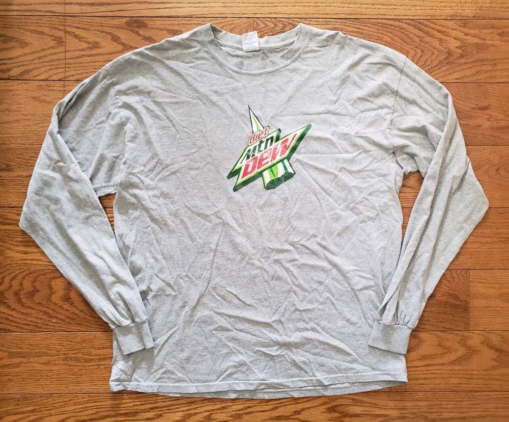 Vintage Y2K Diet Mountain Dew Long Sleeve T-Shirt Gray Mens Size XL Faded
