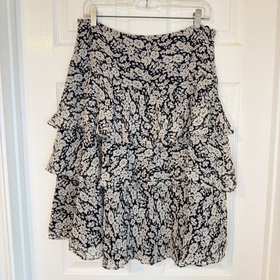 Lauren Ralph Lauren Floral Silk Tiered Ruffle Midi Skirt Navy White Size 10