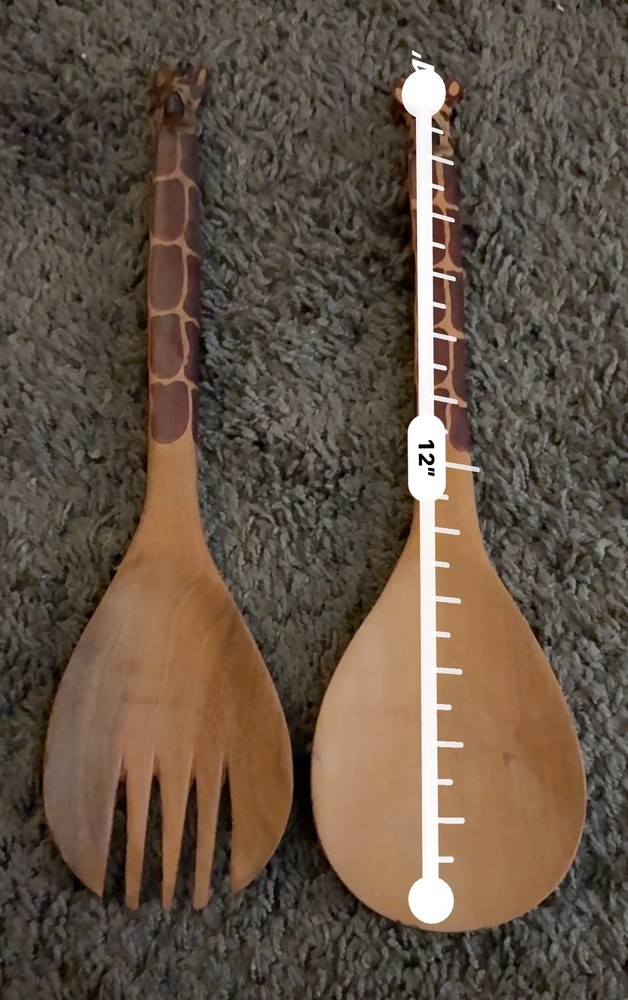African-Wooden Giraffe Handle Spoon/Fork Salad Set-Hand Carved-Made In Africa