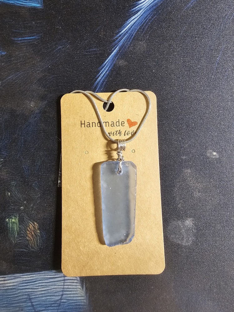 Blue Sea Glass Rectangle Pendant Necklace Snake Chain