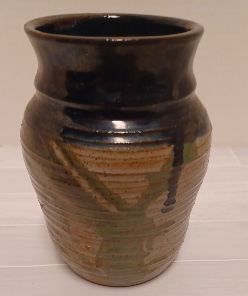 Vintage 1993 Stoneware Weed Pot Vase Cobalt Blue Green Speckled Pottery Thompson