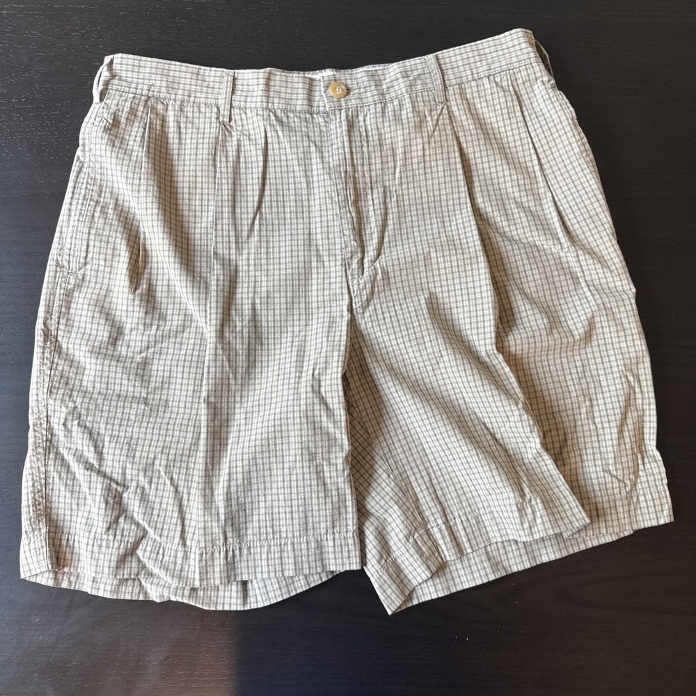 Nautica Rigger Classic Fit Shorts 36W Beige Plaid Pleated 100% Cotton